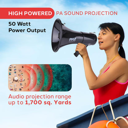 50W Megaphone Speaker with Siren, AUX Input, Handheld Mic, 1700' Range