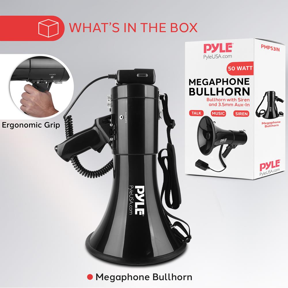 50W Megaphone Speaker with Siren, AUX Input, Handheld Mic, 1700