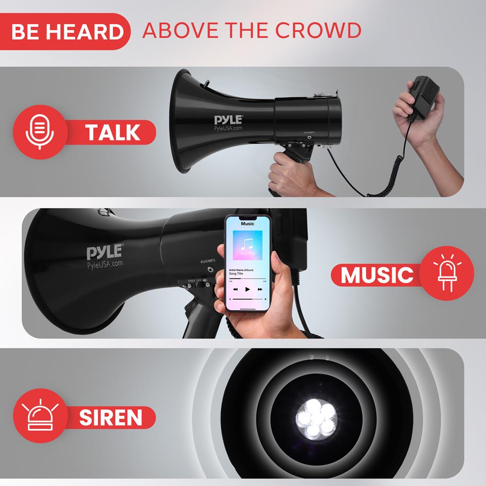 Portable PA Megaphone Speaker 50W Rechargeable LED Lights Siren