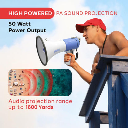 50W Megaphone Speaker, Loud Sound, Rechargeable Battery, 10-Second Record