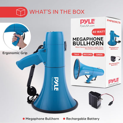 40W Megaphone Siren Bullhorn, Loud Sound, Rechargeable, Blue