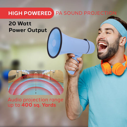 20W Megaphone Bullhorn - 400 Yd Range, Aux Input, Siren, Blue