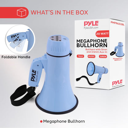 20W Megaphone Bullhorn - 400 Yd Range, Aux Input, Siren, Blue