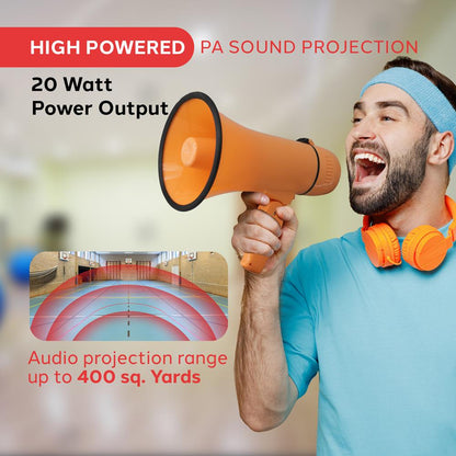 Megaphone Bullhorn 20W, 400-Yard Range, Aux Input, Orange