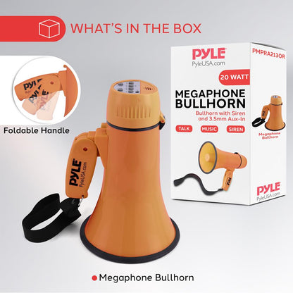 Megaphone Bullhorn 20W, 400-Yard Range, Aux Input, Orange