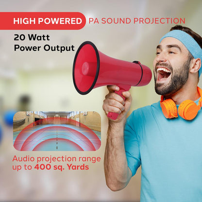 20W Megaphone Bullhorn - 400 Yard Range, Aux Input, Red