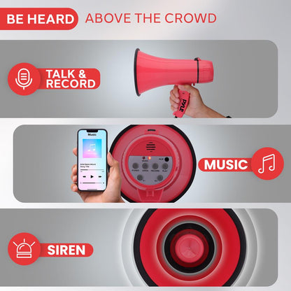20W Megaphone Bullhorn - 400 Yard Range, Aux Input, Red