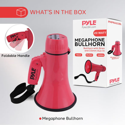 20W Megaphone Bullhorn - 400 Yard Range, Aux Input, Red