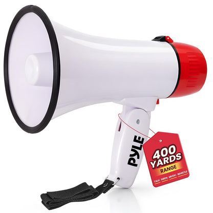 Lightweight And Portable Bullhorn Megaphone, Aux (3.5Mm) Input For Mp3/Music, Automatic Siren, 20-Watt, Mic/Talk (White)