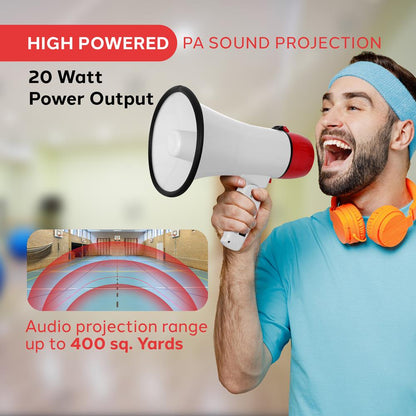 Lightweight And Portable Bullhorn Megaphone, Aux (3.5Mm) Input For Mp3/Music, Automatic Siren, 20-Watt, Mic/Talk (White)