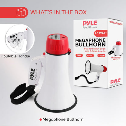 Lightweight And Portable Bullhorn Megaphone, Aux (3.5Mm) Input For Mp3/Music, Automatic Siren, 20-Watt, Mic/Talk (White)