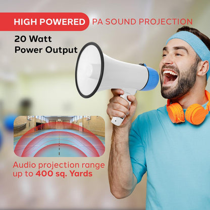 Megaphone Bullhorn 20W, 400-Yard Range, Aux Input, White-Blue