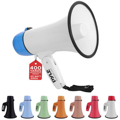 Megaphone Bullhorn 20W, 400-Yard Range, Aux Input, White-Blue