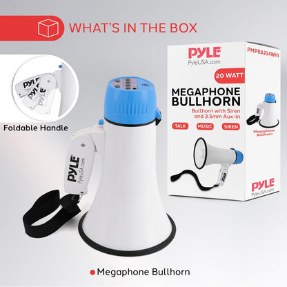 Megaphone Bullhorn 20W, 400-Yard Range, Aux Input, White-Blue