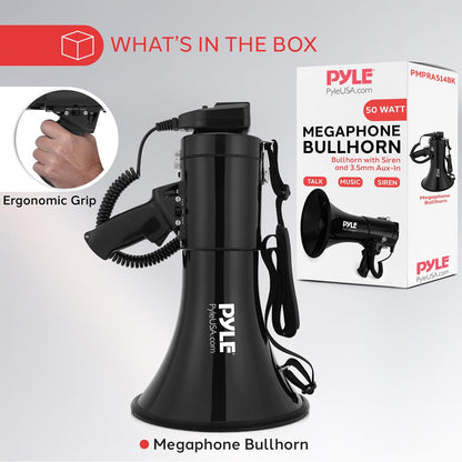 50W Megaphone Bullhorn - Loud Projection, Aux Input, Portable, Siren Function