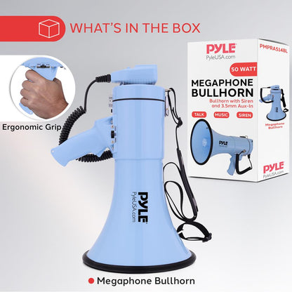 50W Megaphone Bullhorn - Loud Projection, Aux Input, Blue