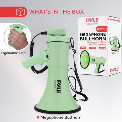 Megaphone Bullhorn 50W, 1200 Yards Range, Automatic Siren, Green