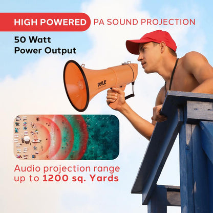 Megaphone Bullhorn 50W, 1200 Yards Range, Aux Input, Orange