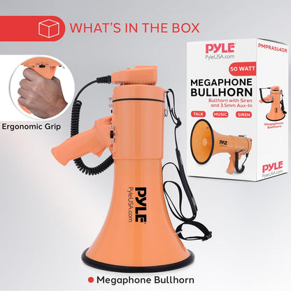 Megaphone Bullhorn 50W, 1200 Yards Range, Aux Input, Orange
