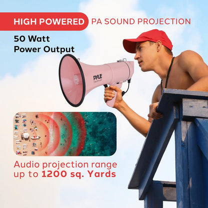 50W Megaphone Bullhorn - Loud Projection, Aux Input, Pink