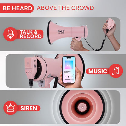 50W Megaphone Bullhorn - Loud Projection, Aux Input, Pink