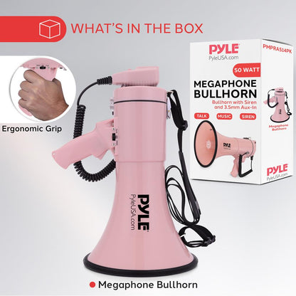 50W Megaphone Bullhorn - Loud Projection, Aux Input, Pink