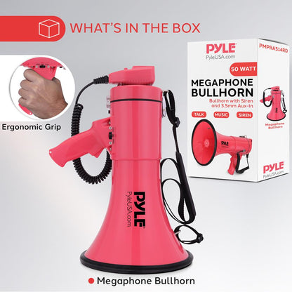 Megaphone Bullhorn 50W, 1200 Yards Range, Aux Input, Red