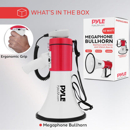 50W Megaphone Bullhorn - Loud Siren, Aux Input, White-Red