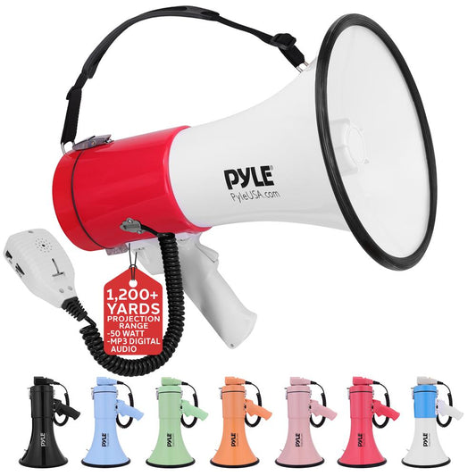 50W Megaphone Bullhorn - Loud Siren, Aux Input, White-Red