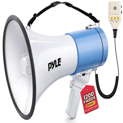 50W Megaphone Bullhorn - Loud Projection, Automatic Siren, White-Blue