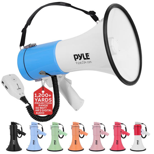 50W Megaphone Bullhorn - Loud Projection, Automatic Siren, White-Blue
