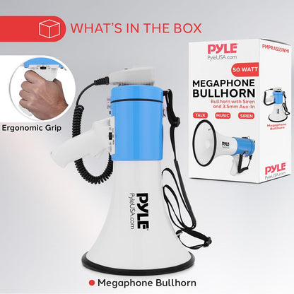 50W Megaphone Bullhorn - Loud Projection, Automatic Siren, White-Blue