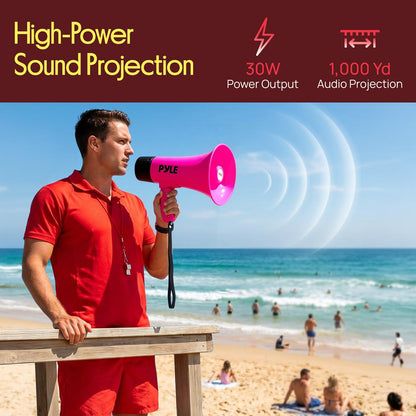 Pyle 30W Rechargeable Megaphone With Voice Changer, Bluetooth, Siren, And Usb-C Charging – Perfect For Events And Announcements (Pink)