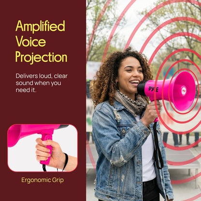 Pyle 30W Rechargeable Megaphone With Voice Changer, Bluetooth, Siren, And Usb-C Charging – Perfect For Events And Announcements (Pink)