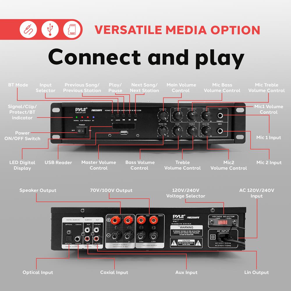 Bluetooth PA Mixing Amplifier 500W USB Playback LED Display – Pyle USA