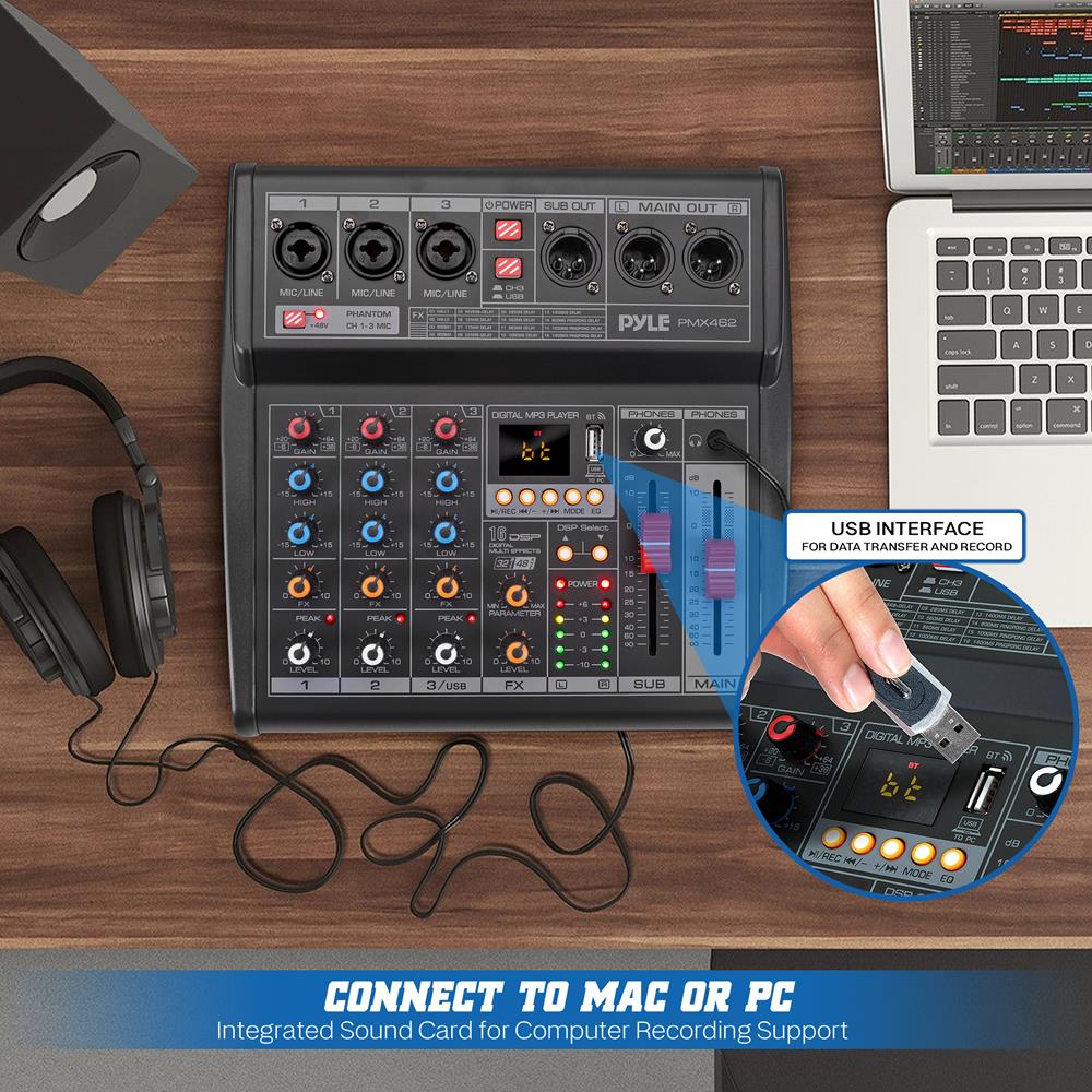 3-Channel DJ Audio Mixer - 16 DSP Effects, USB Interface, Phantom