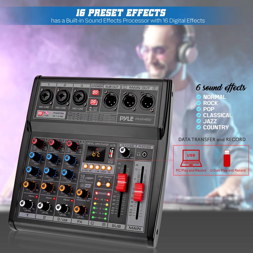 3-Channel DJ Audio Mixer - 16 DSP Effects, USB Interface, Phantom