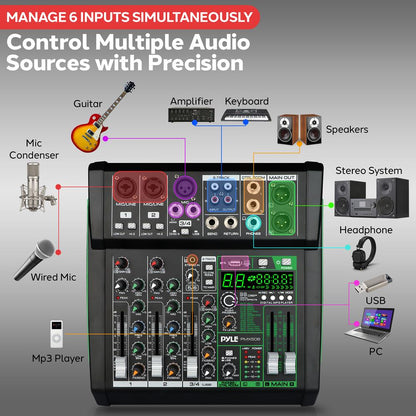 6-Channel Audio Mixer - Bluetooth Streaming - 99 Digital Effects - Metal