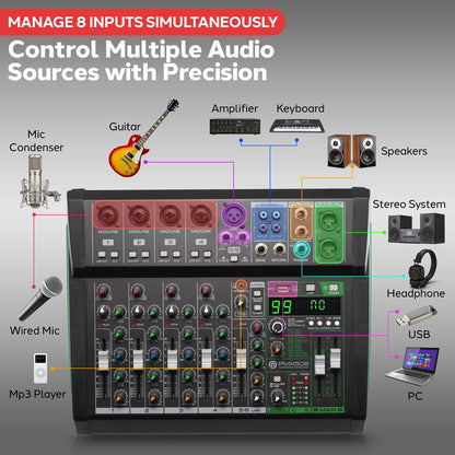 8-Channel Audio Mixer - Bluetooth Streaming - 99 Digital Effects - Metal