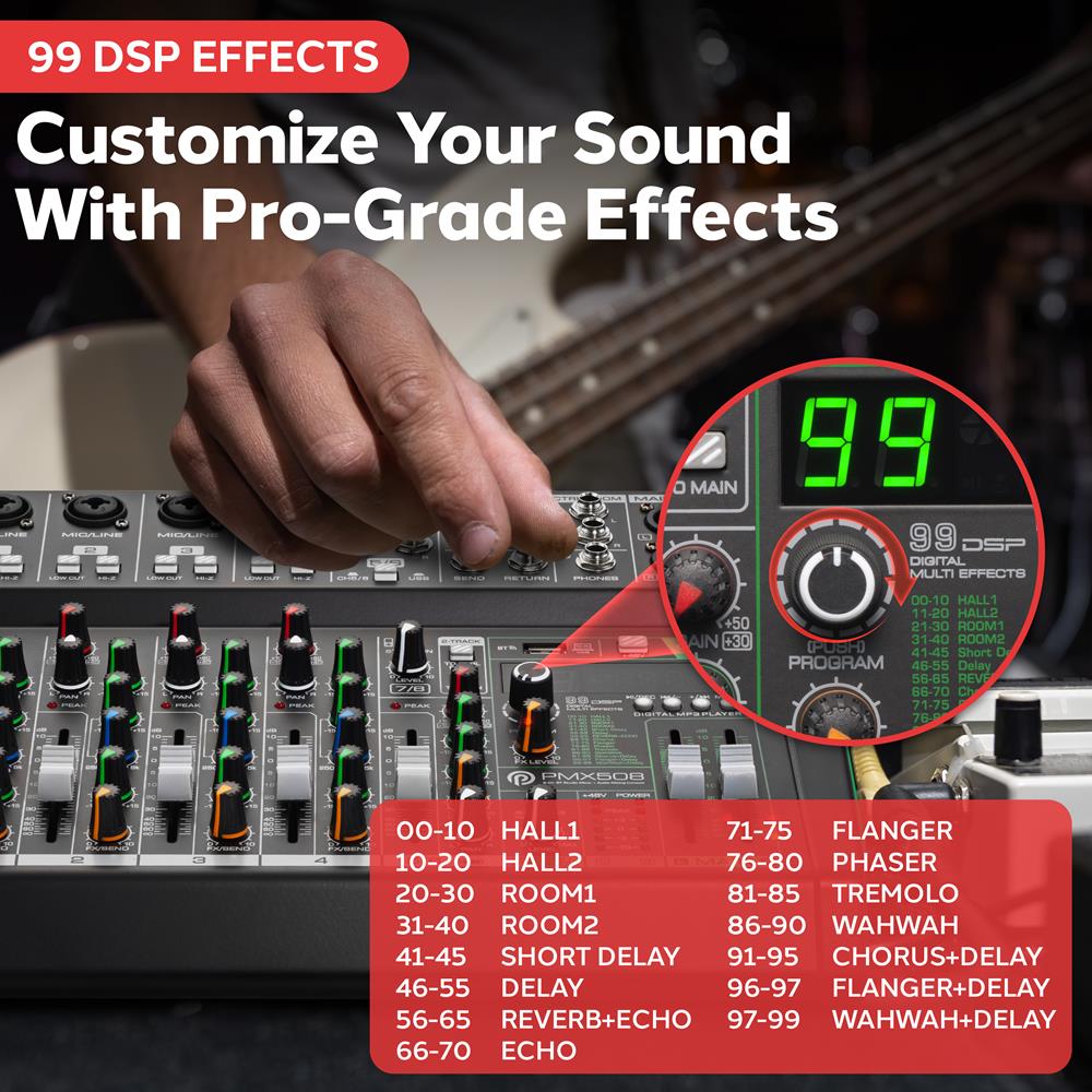 8-Channel Audio Mixer - Bluetooth Streaming - 99 Digital Effects