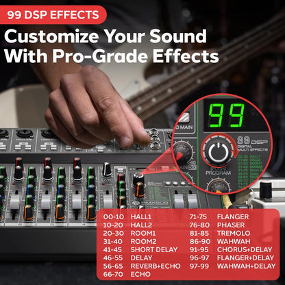 8-Channel Audio Mixer - Bluetooth Streaming - 99 Digital Effects - Metal