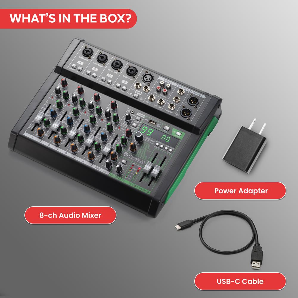 8-Channel Audio Mixer - Bluetooth Streaming - 99 Digital Effects