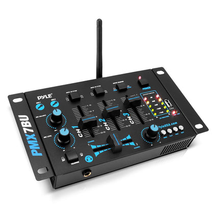 3-Channel Bluetooth DJ Mixer, Wireless Streaming, USB Reader, Blue