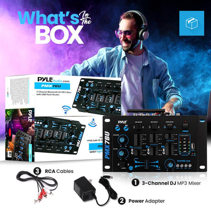 3-Channel Bluetooth DJ Mixer, Wireless Streaming, USB Reader, Blue