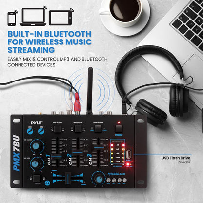 3-Channel Bluetooth DJ Mixer, Wireless Streaming, USB Reader, Blue