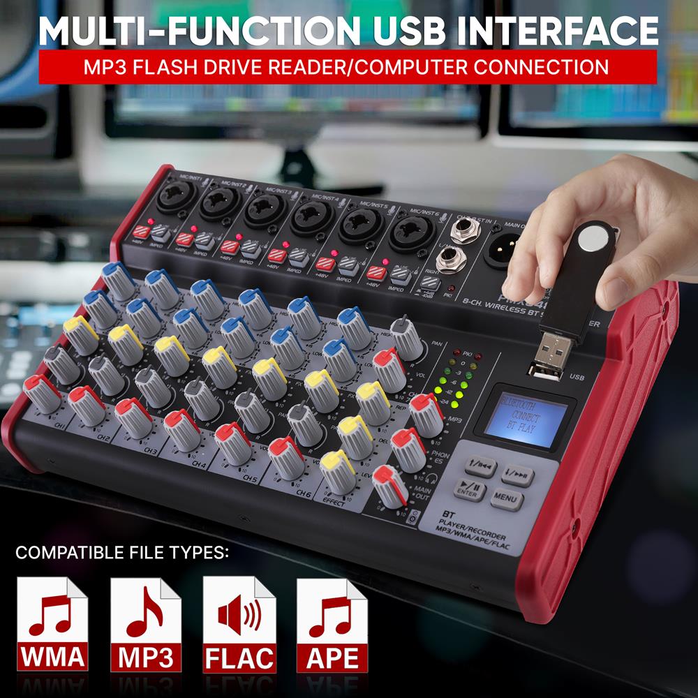 8-Channel Wireless DJ Mixer - Bluetooth Streaming, USB, +48V