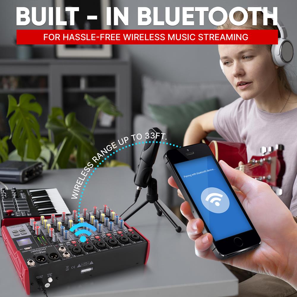 8-Channel Wireless DJ Mixer - Bluetooth Streaming, USB, +48V