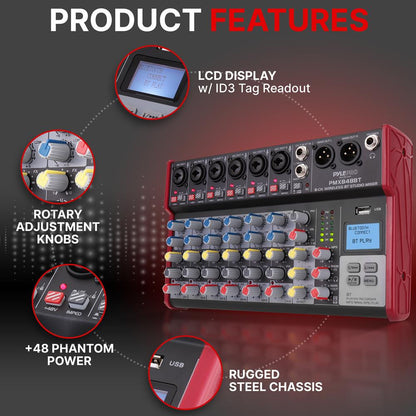 8-Channel Wireless DJ Mixer - Bluetooth Streaming, USB, +48V Phantom Power