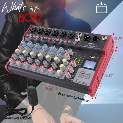 8-Channel Wireless DJ Mixer - Bluetooth Streaming, USB, +48V Phantom Power