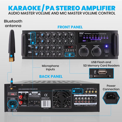 2000W Bluetooth Mixing Amplifier, Karaoke/PA, USB/SD, Rack Mountable